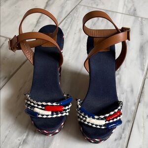 Tory Burch Women’s Navy Braided Platform Sandals with Brown Ankle Strap